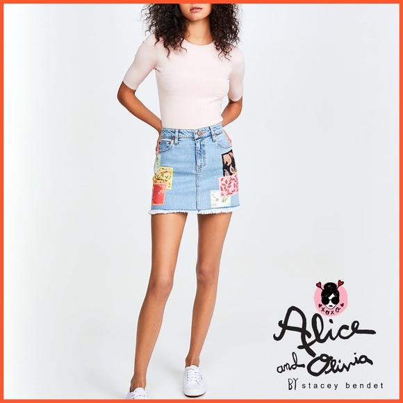 Alice + Olivia Patchwork Good High Rise Floral Denim Jeans Mini Skirt - Picture 5 of 16